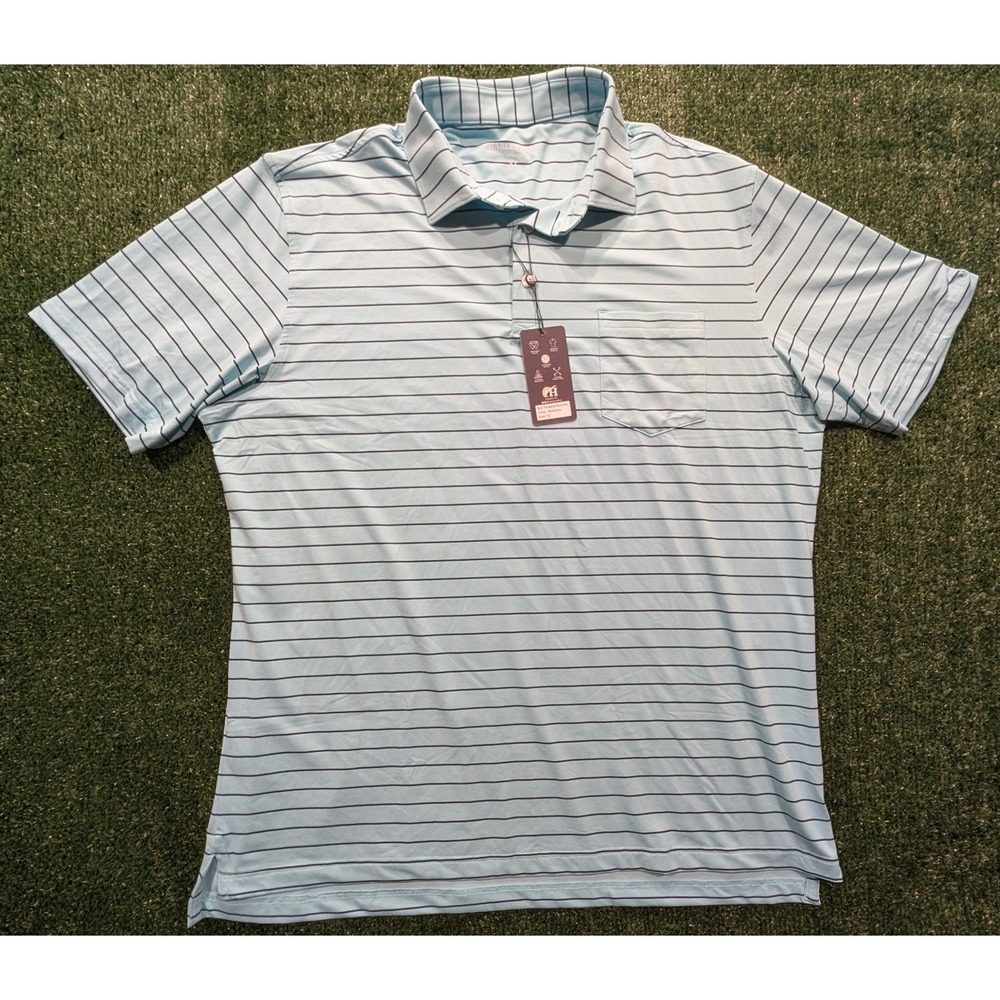 Harlestons Seaside Pocket Polo Seafoam Blue Striped Performance Golf Mens XL NWT